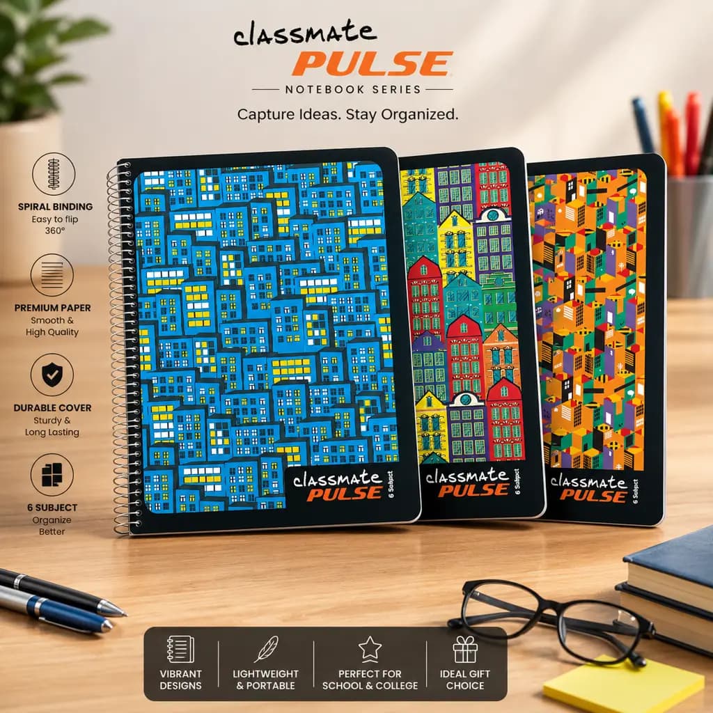 Classmate Pulse 6 Subject Spiral Notebook - Pack of 3 | Unruled | 300 Pages | 24.0cm x 18.0cm | Attractive Cover Designs | Soft Cover | Notebooks for College Students