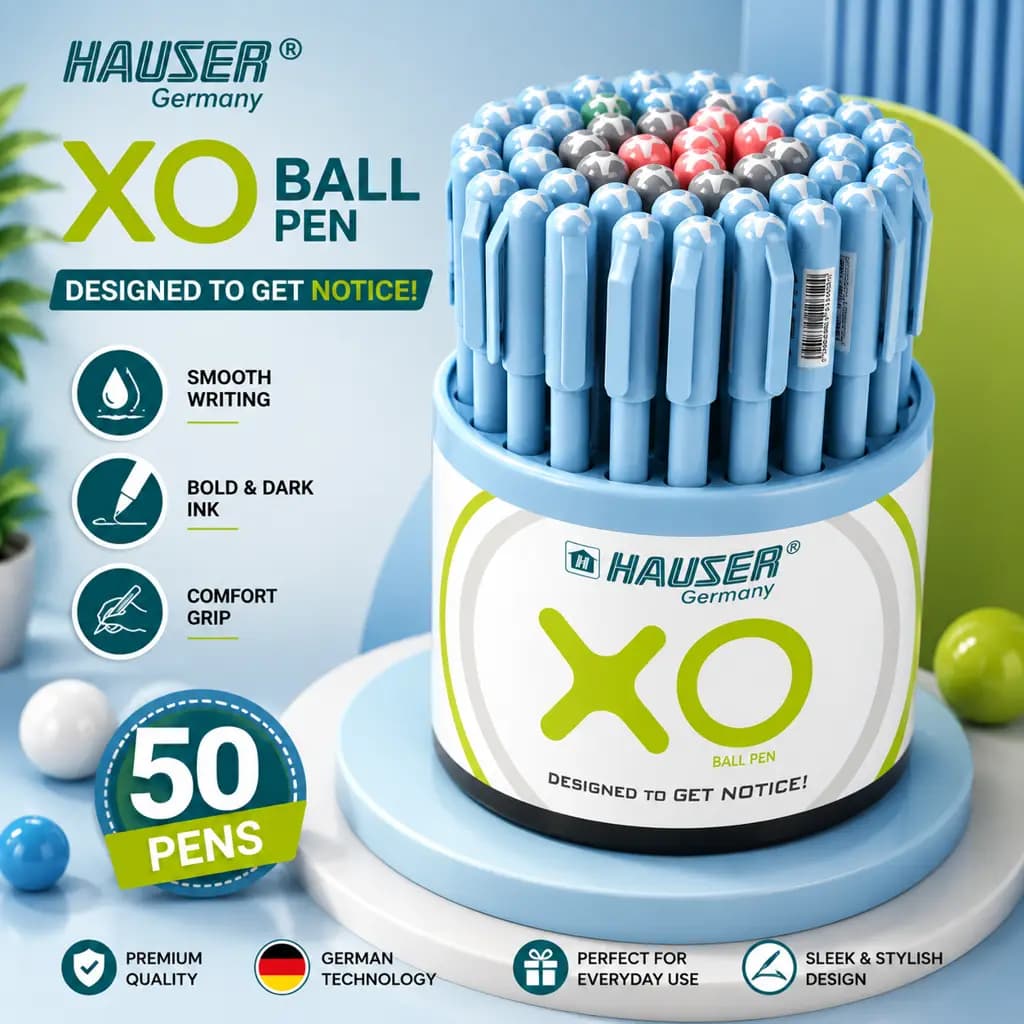 Hauser XO 0.7mm Ball Pen Tumbler | Sleek Body & Minimalistic Design | Matt Finish & Solid Body Type | Low Viscosity Ink with Ultra Durable Tip | Blue, Black & Red Ink, Pack of 50 Pens