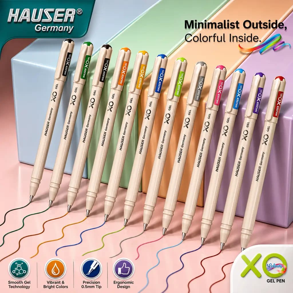 Hauser XO Multicolor Gel Pen with Hard Box Case | Sleek Body & Minimalist Design | Matt Finish | Ultra Durable Tip | Set Of 12 Bright Ink Colors