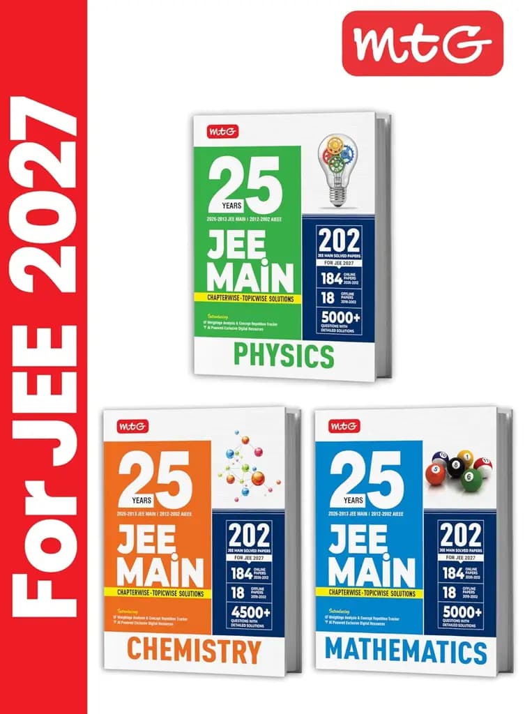 MTG 25 Years JEE Main PYQ Book (2026–2002) Physics, Chemistry & Mathematics | 202 Chapter-wise & Topic-wise Solved Papers | Analysis & Concept Repetition Tracker | Set of 3 Books | 2027 Edition