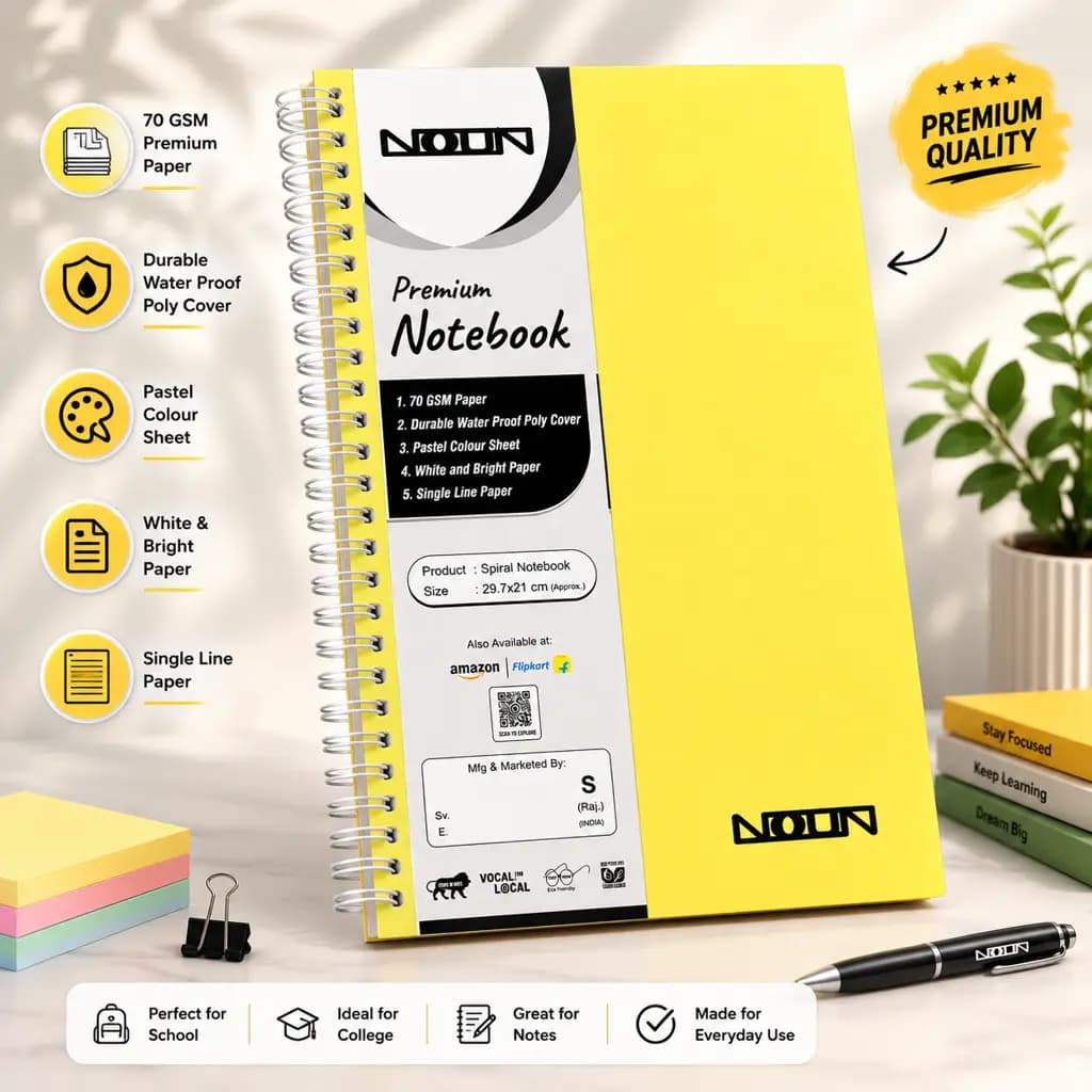 NOUN Premium A4 Spiral Notebook, 70 GSM Unruled Register, Bright White Pages