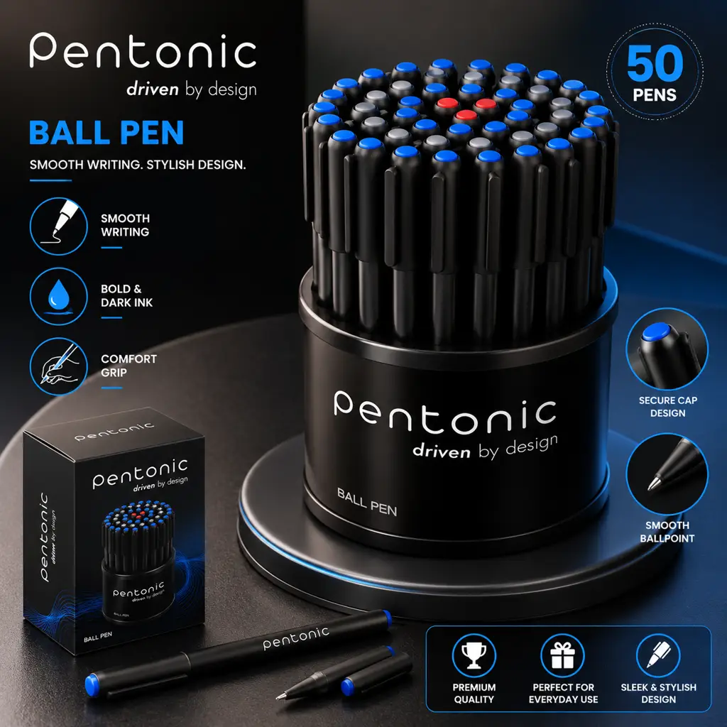 Pentonic 0.7mm Ball Point Pen Tumbler Pack | Black Body | Blue Ink | Pack of 50 Pens