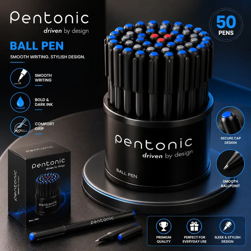 Pentonic 0.7mm Ball Point Pen Tumbler Pack | Black Body | Blue Ink | Pack of 50 Pens