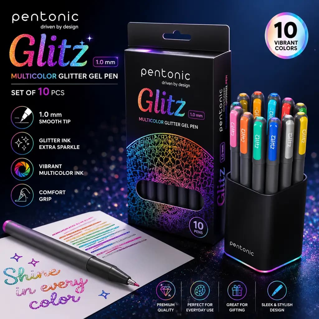 Pentonic Glitz 1.0 mm Multicolor Glitter Gel Pen | Multicolor Ink, Set Of 10 Pcs